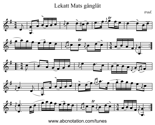 Lekatt Mats gånglåt - staff notation