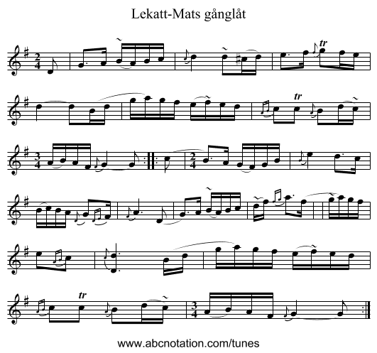 Lekatt-Mats g&aring;ngl&aring;t - staff notation