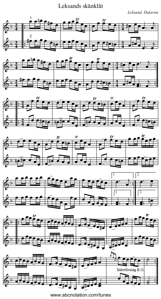 Leksands skänklåt - staff notation
