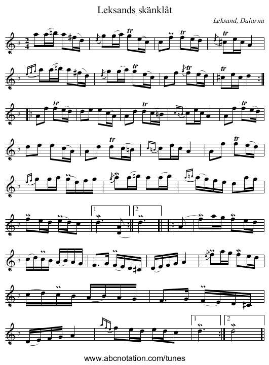 Leksands skänklåt - staff notation