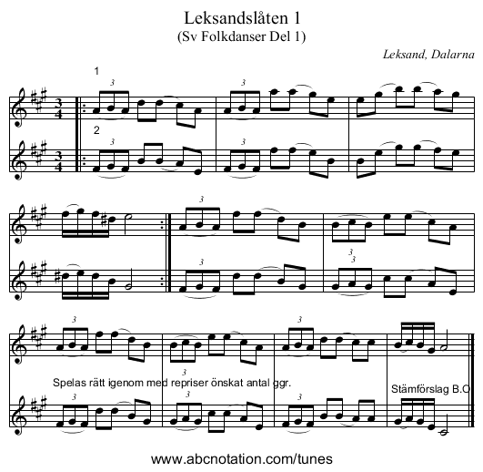 Leksandslåten 1 - staff notation