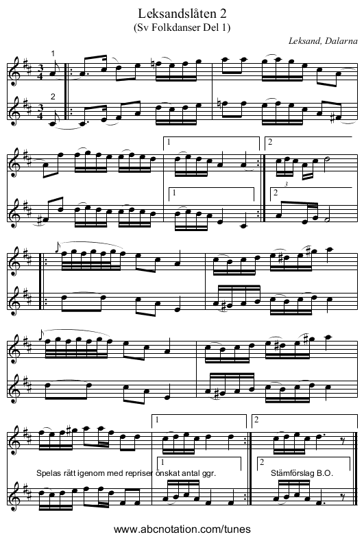 Leksandslåten 2 - staff notation