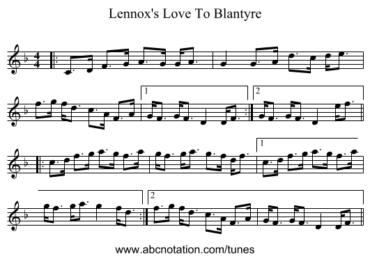 Lennox's Love To Blantyre - staff notation
