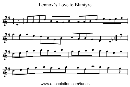 Lennox’s Love to Blantyre - staff notation