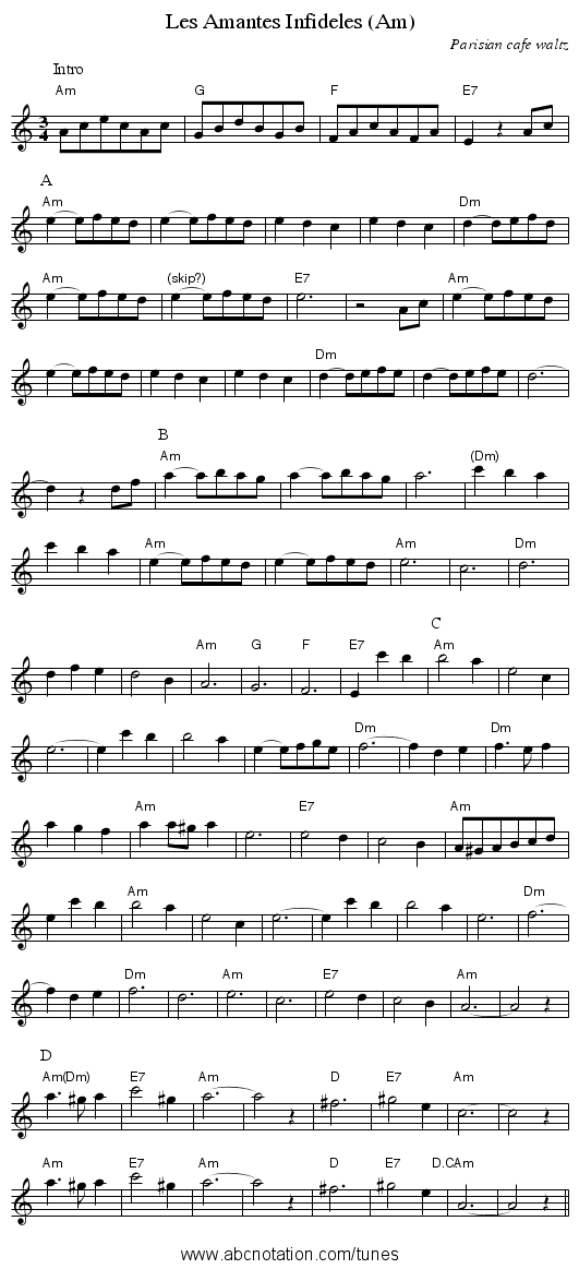 Les Amantes Infideles (Am) - staff notation
