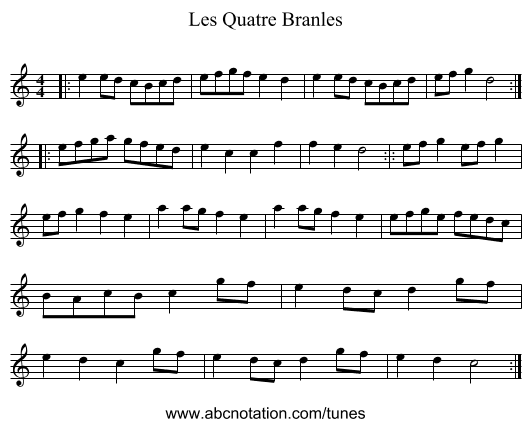 Les Quatre Branles - staff notation