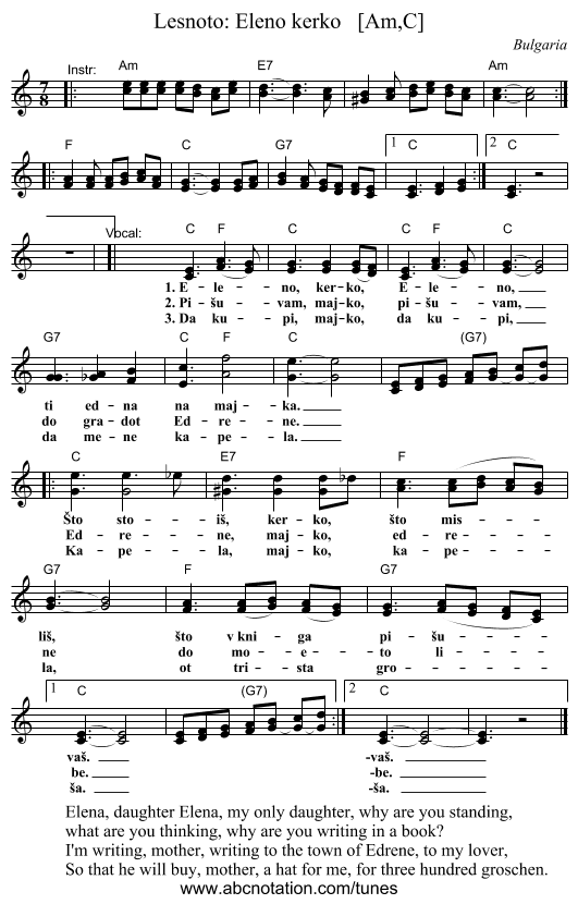 Lesnoto: Eleno kerko   [Am,C] - staff notation