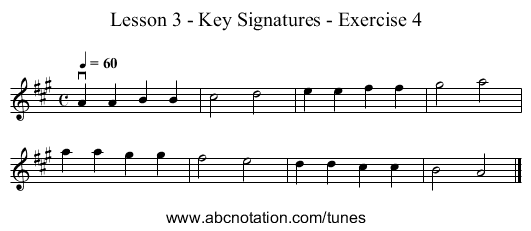 Lesson 3 - Key Signatures - Exercise 4 - staff notation