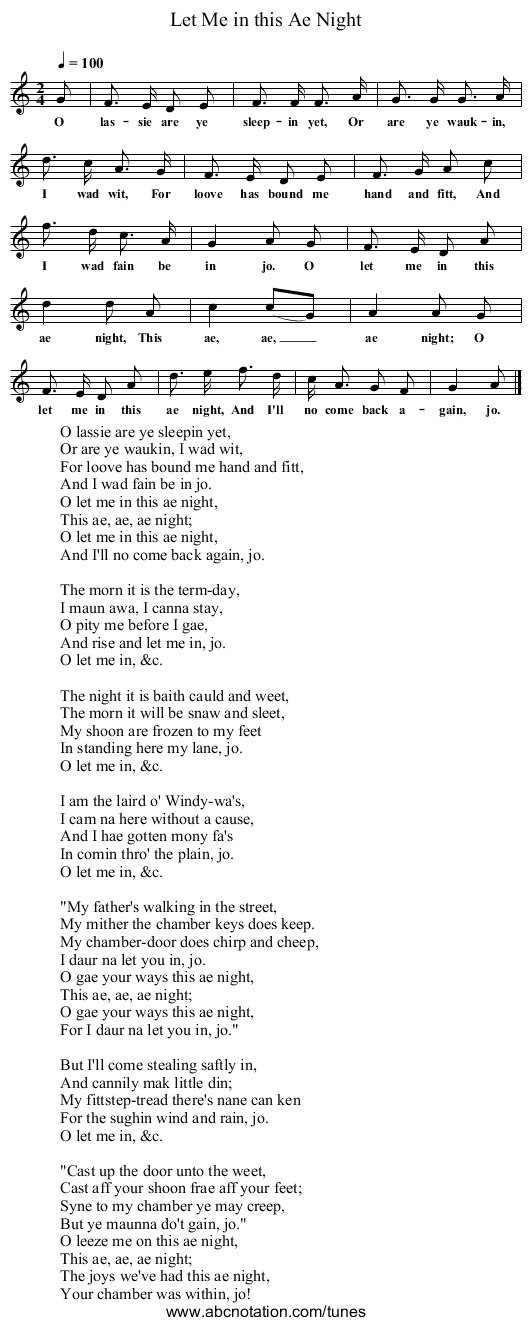 Let Me in this Ae Night - staff notation