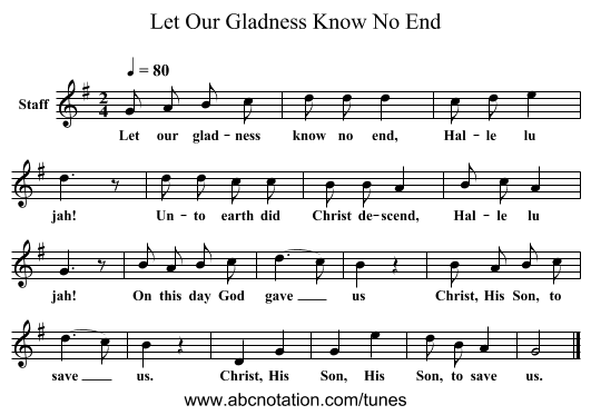 Let Our Gladness Know No End - staff notation