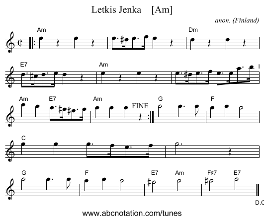 Letkis Jenka    [Am] - staff notation