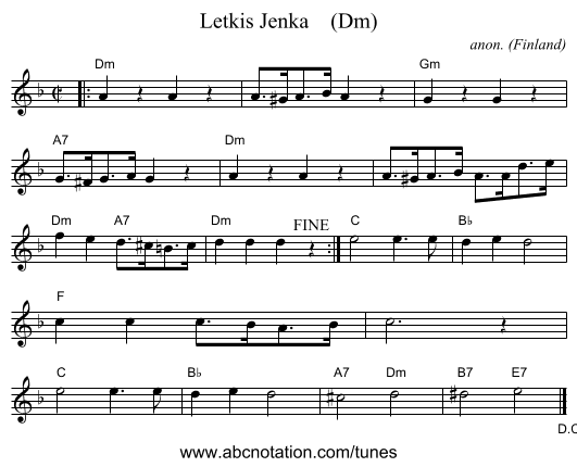 Letkis Jenka    (Dm) - staff notation