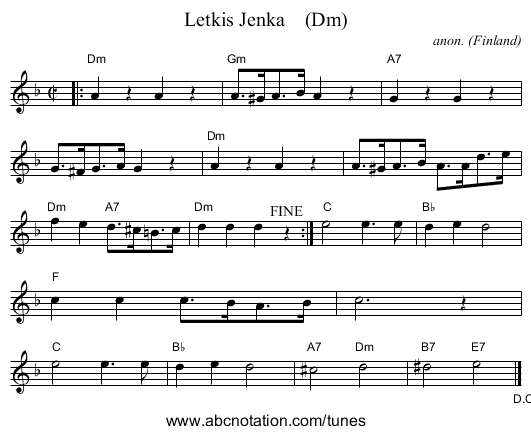 Letkis Jenka    (Dm) - staff notation