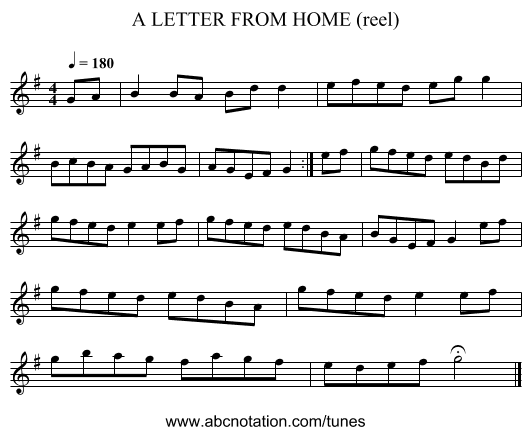 LETTER FROM HOME (reel), A - staff notation