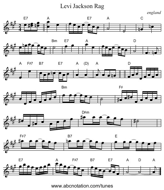 Levi Jackson Rag - staff notation
