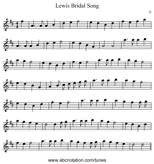Lewis Bridal Song - staff notation
