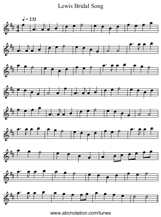 Lewis Bridal Song - staff notation