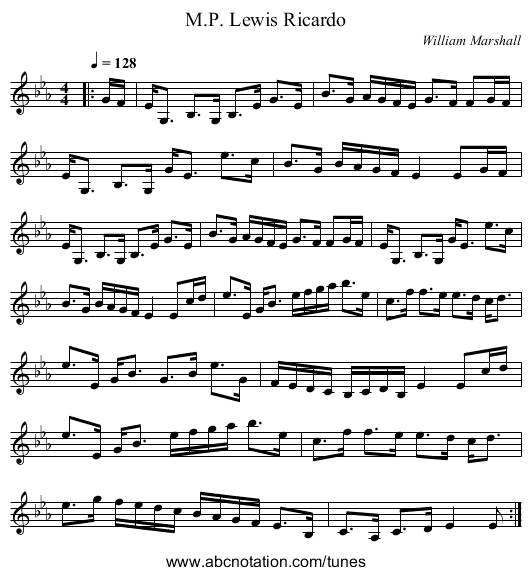 Lewis Ricardo, M.P. - staff notation