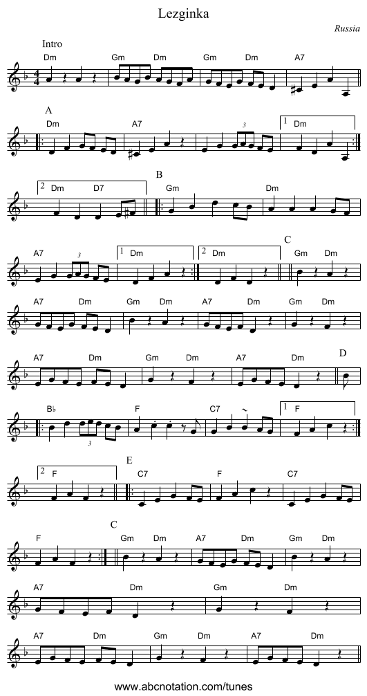 Lezginka - staff notation