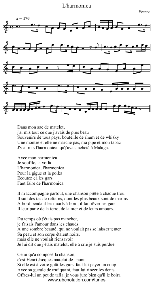 L'harmonica - staff notation