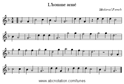L'homme arm&eacute; - staff notation
