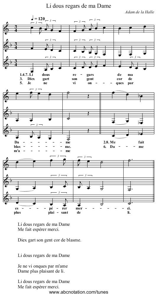 Li dous regars de ma Dame - staff notation