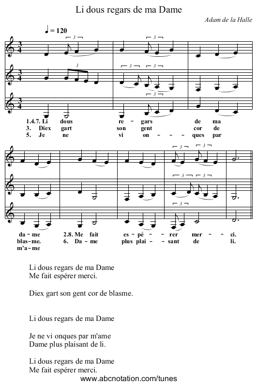 Li dous regars de ma Dame - staff notation