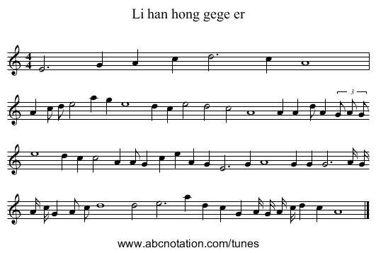 Li han hong gege er - staff notation