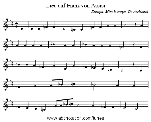 Lied auf Franz von Assisi - staff notation