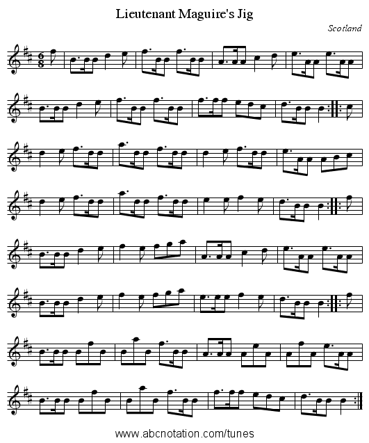Lieutenant Maguire's Jig - staff notation