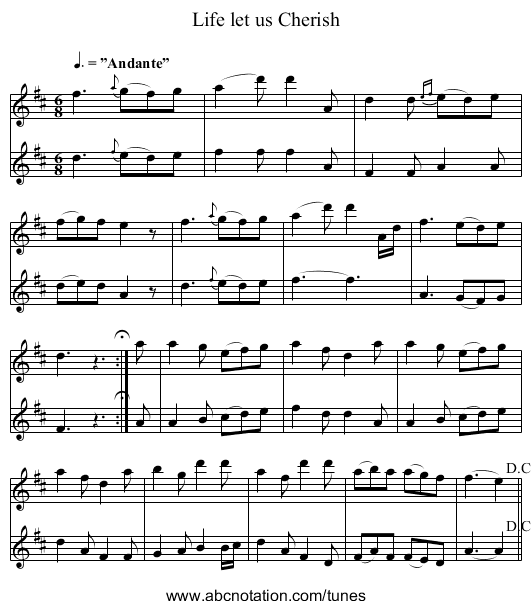 Life let us Cherish - staff notation