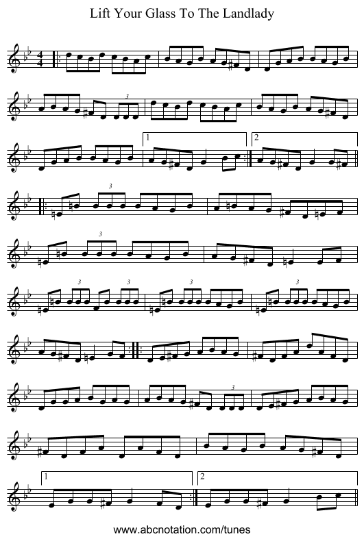 Lift Your Glass To The Landlady - staff notation