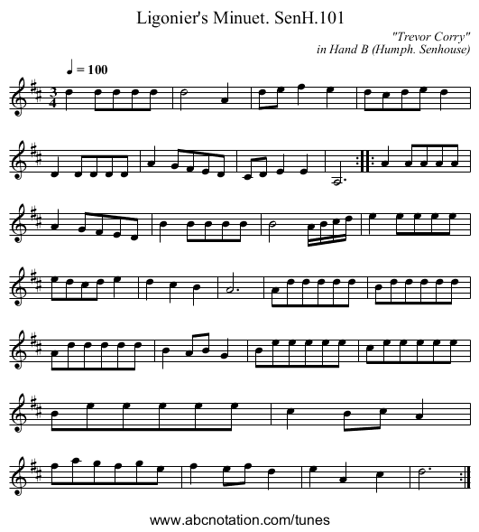 Ligonier's Minuet. SenH.101 - staff notation