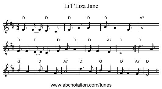 Li'l 'Liza Jane - staff notation