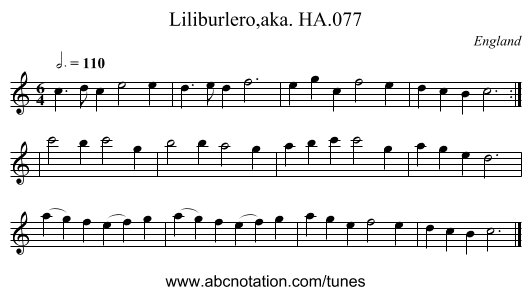 Liliburlero,aka. HA.077 - staff notation