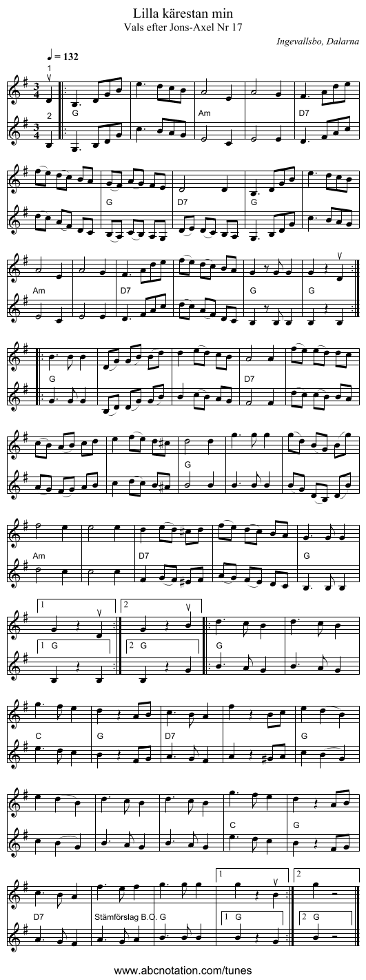 Lilla kärestan min - staff notation