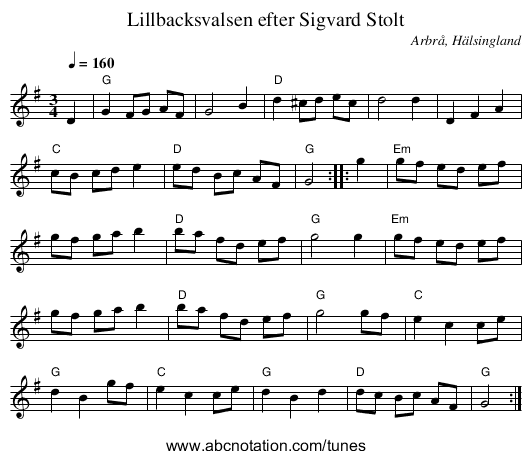 Lillbacksvalsen efter Sigvard Stolt - staff notation