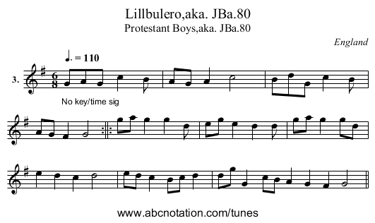 Lillbulero,aka. JBa.80 - staff notation