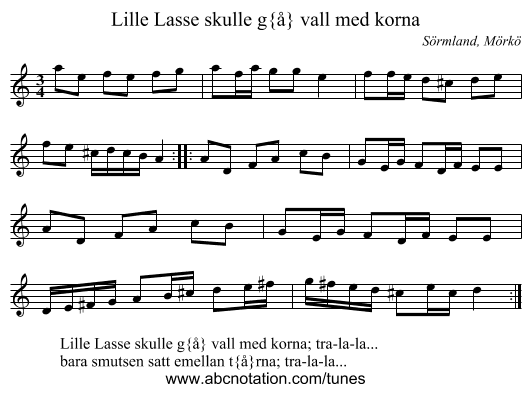 Lille Lasse skulle g&aring; vall med korna - staff notation