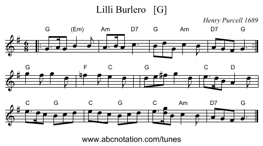 Lilli Burlero   [G] - staff notation