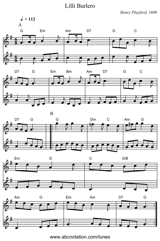 Lilli Burlero - staff notation