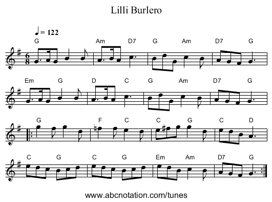 Lilli Burlero - staff notation