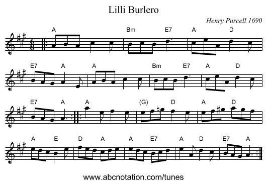 Lilli Burlero - staff notation