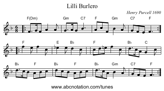 Lilli Burlero - staff notation
