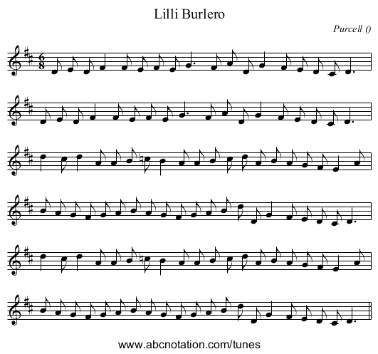 Lilli Burlero - staff notation