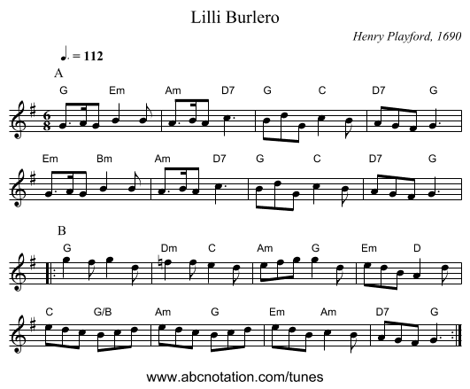 Lilli Burlero - staff notation