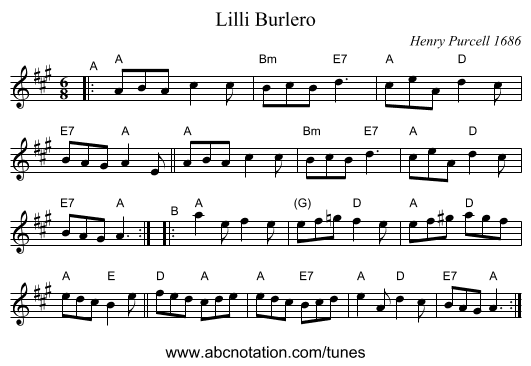 Lilli Burlero - staff notation