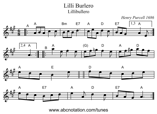 Lilli Burlero - staff notation
