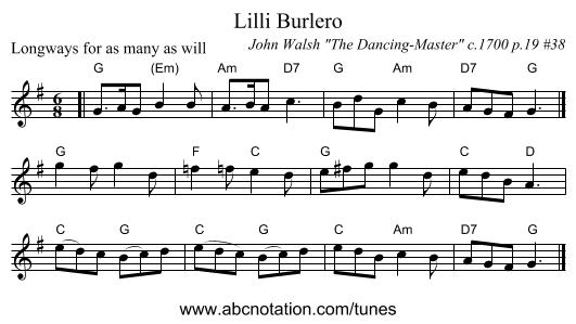 Lilli Burlero - staff notation
