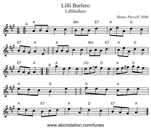 Lilli Burlero - staff notation